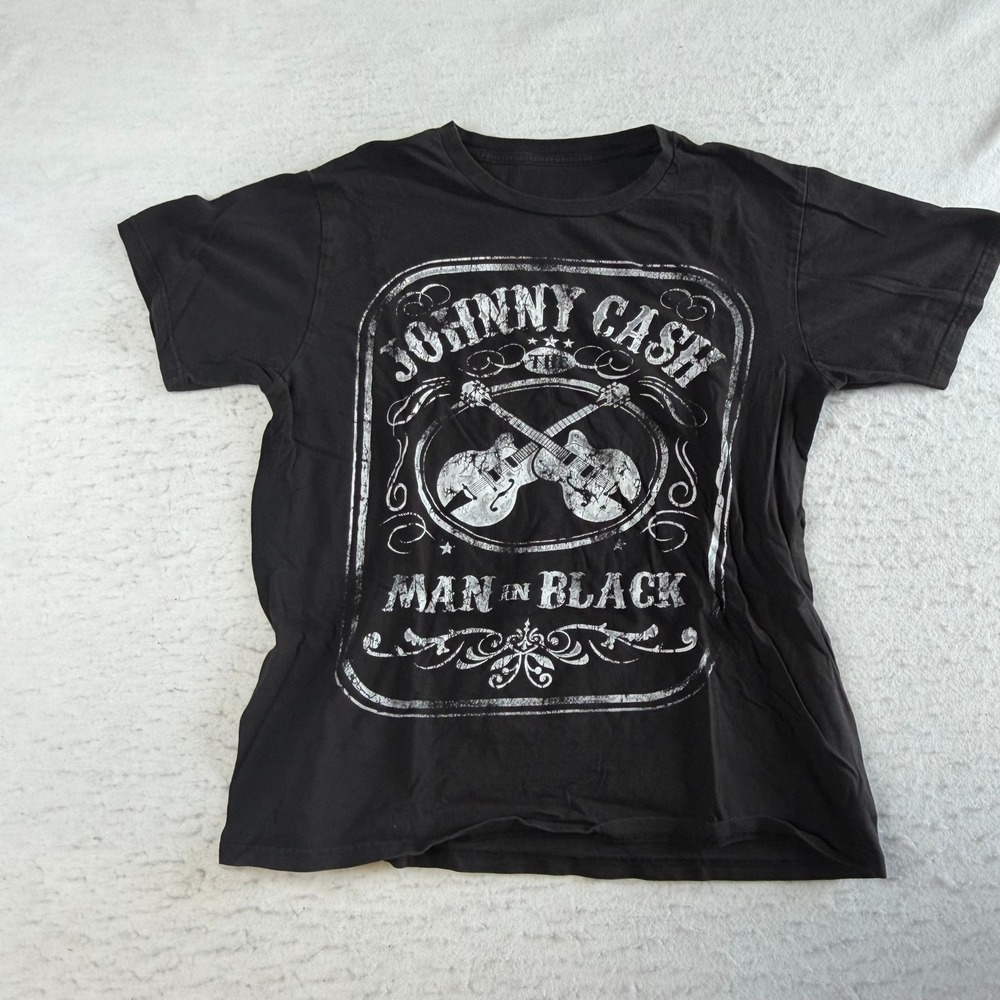 Johnny Cash Graphic T-Shirt Mens L Black Man In Black Distressed Country Rock